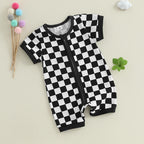 Lioraitiin Baby Boys Romper Checkerboard Print Short Sleeve Round