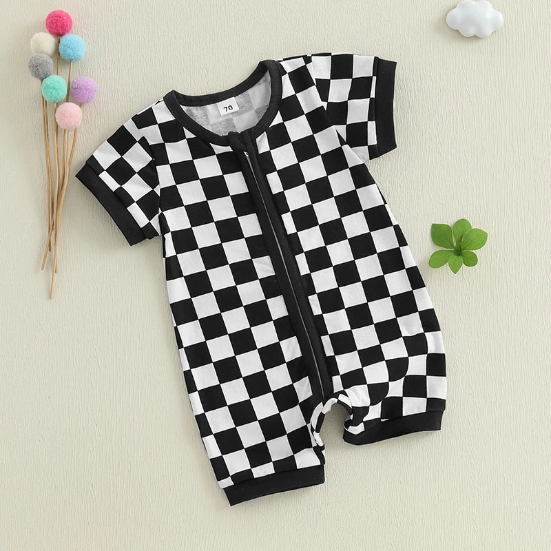 Lioraitiin Baby Boys Romper Checkerboard Print Short Sleeve Round