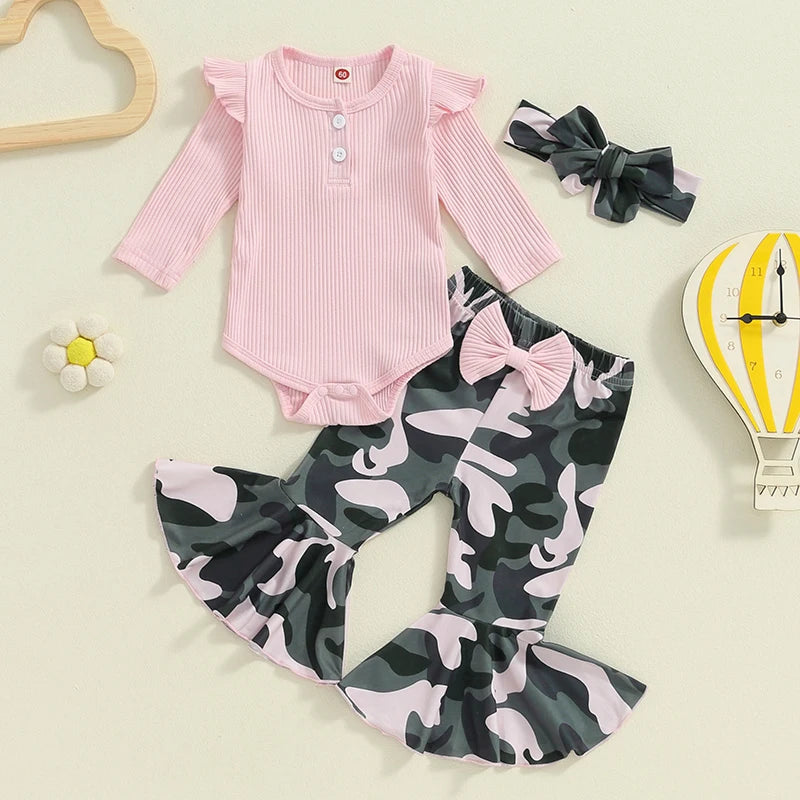 Lioraitiin Baby Girl 3 Piece Outfit, Long Sleeve Ribbed Solid Color