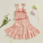 Lioraitiin Toddler Girl Set Sleeveless Smocked Lacing Strap Camisole
