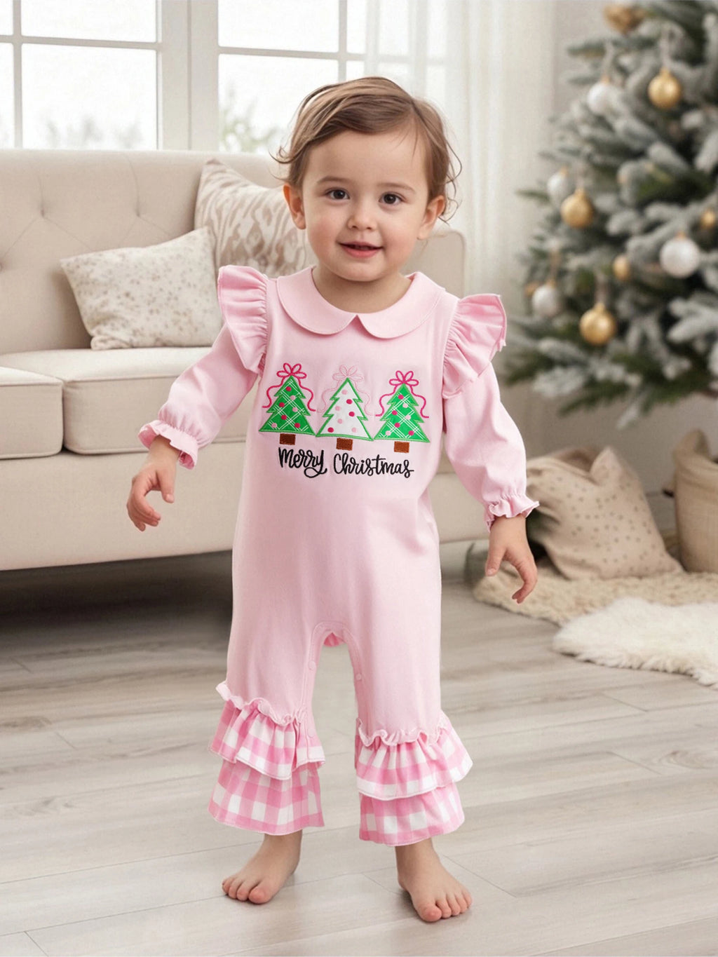 Lioraitiin Baby Girl Christmas Romper Long Sleeve Doll Collar