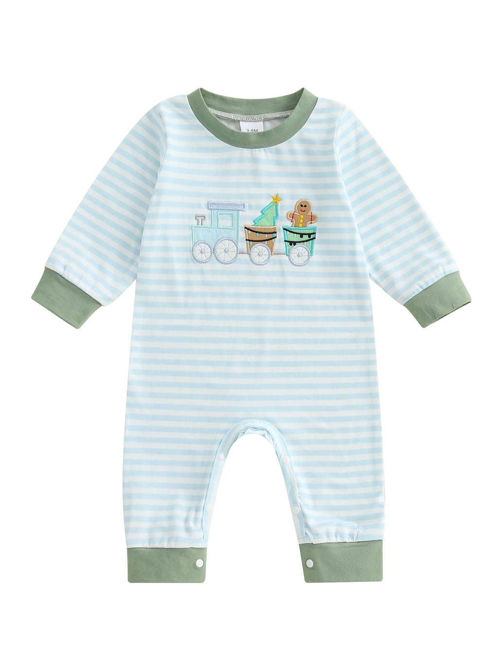 Lioraitiin Baby Boy Romper Embroidered Striped Crew Neck Long Sleeve