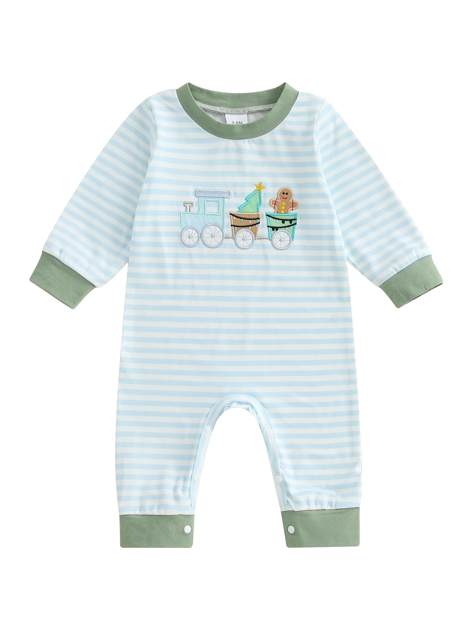 Lioraitiin Baby Boy Romper Embroidered Striped Crew Neck Long Sleeve