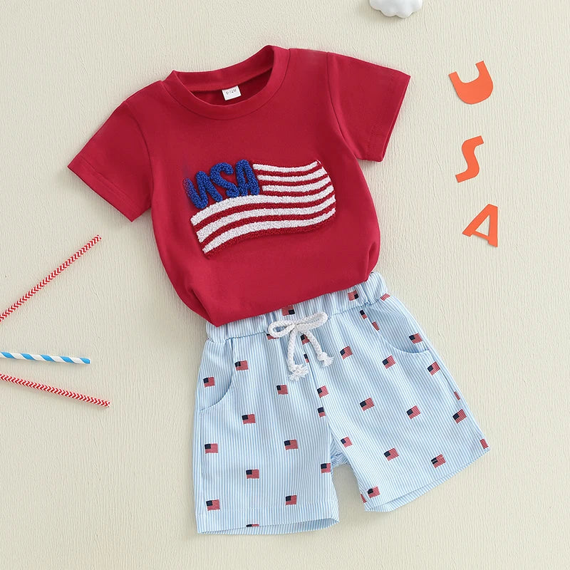 Lioraitiin Baby Boys Patriotic Outfits Flag Embroidery Short Sleeves