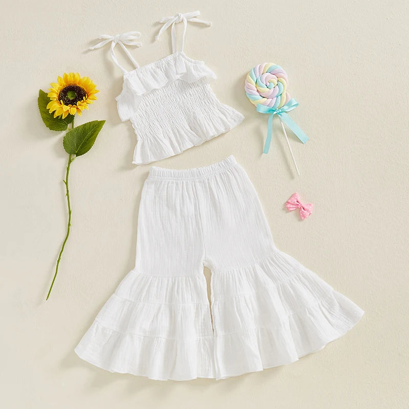 Lioraitiin Toddler Girl Set Sleeveless Smocked Lacing Strap Camisole