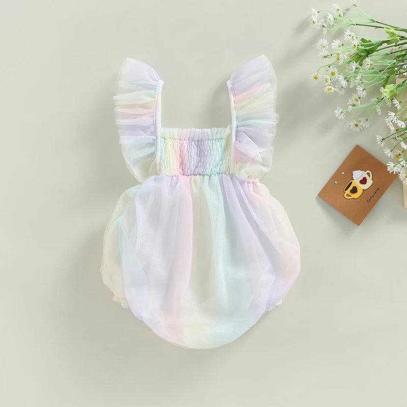 Lioraitiin 0-18M Baby Girls Bodysuit Fly Sleeve Square Neck Tie-dye