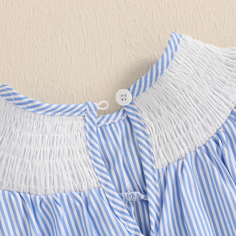 Lioraitiin Baby Girls Romper Fly Sleeve Crew Neck Stripes Embroidery