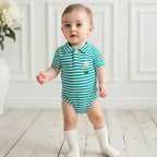 Lioraitiin Baby Boy Romper Short Sleeve Lapel Collar Stripes Print
