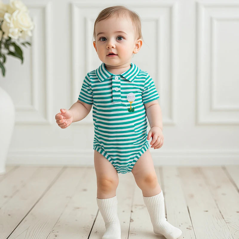Lioraitiin Baby Boy Romper Short Sleeve Lapel Collar Stripes Print