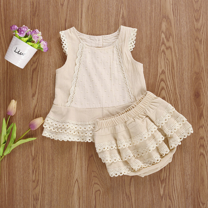 Lioraitiin 0-4Years Toddler Baby Girl Set Sleeveless Lace Pacthwork