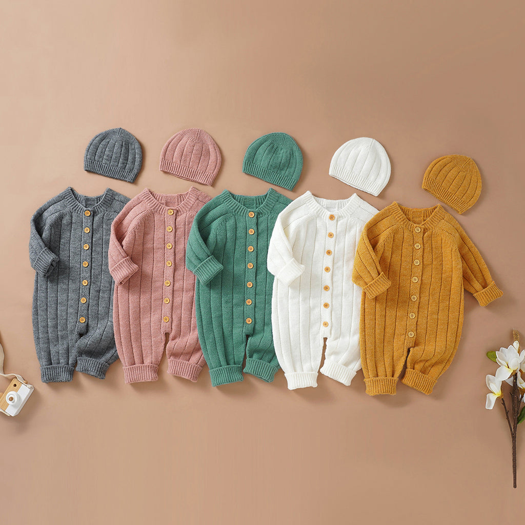Lioraitiin Infant Jumpsuit and Cap, Solid Color Long Sleeve