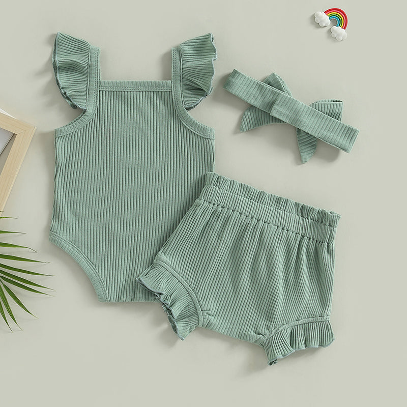 Lioraitiin 0-18M Toddler Girls 3Pcs Fly Sleeve Solid Romper Tops