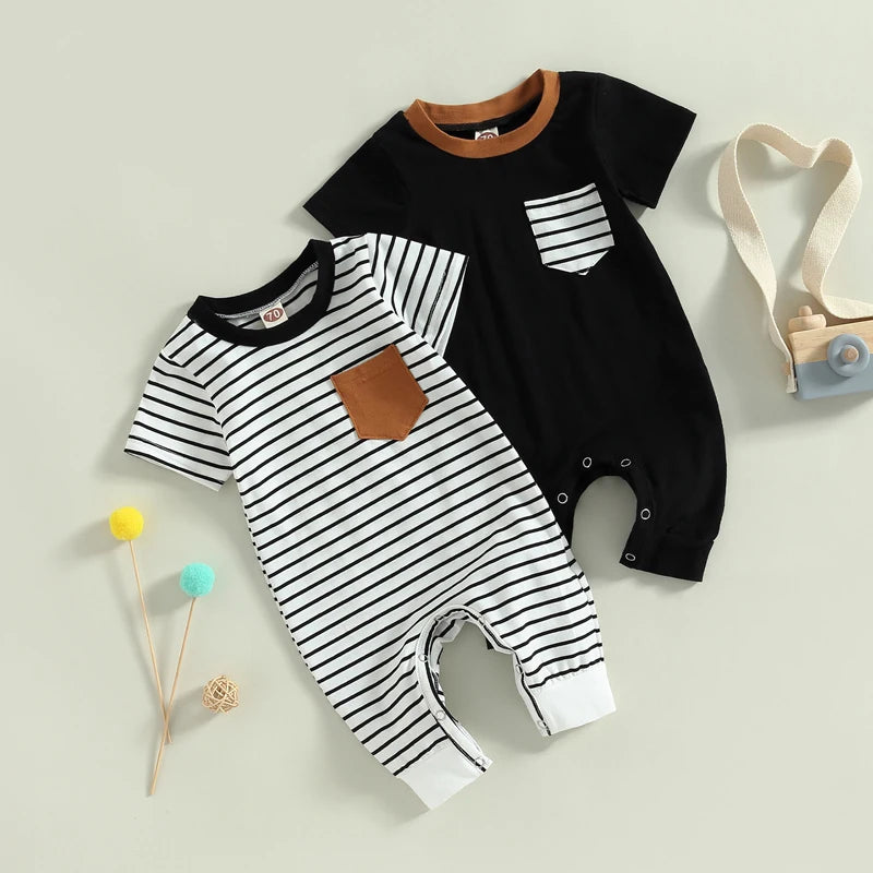 Lioraitiin 0-18M Newborn Baby Boys Jumpsuit Round Neck Contrast Color