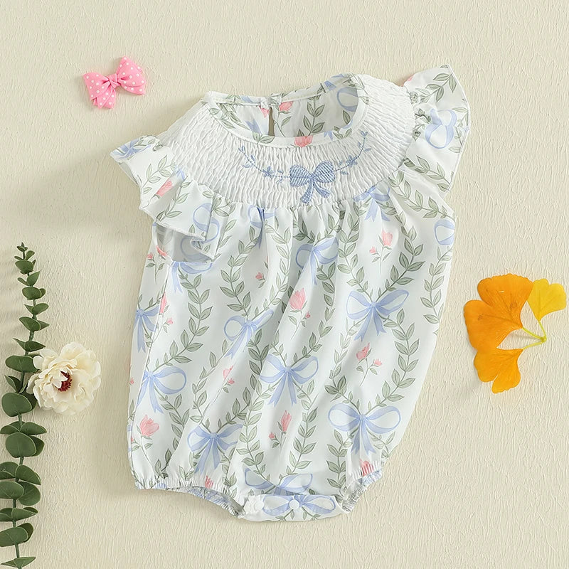 Lioraitiin Baby Girls Romper Fly Sleeve Crew Neck Bow Leaves Print