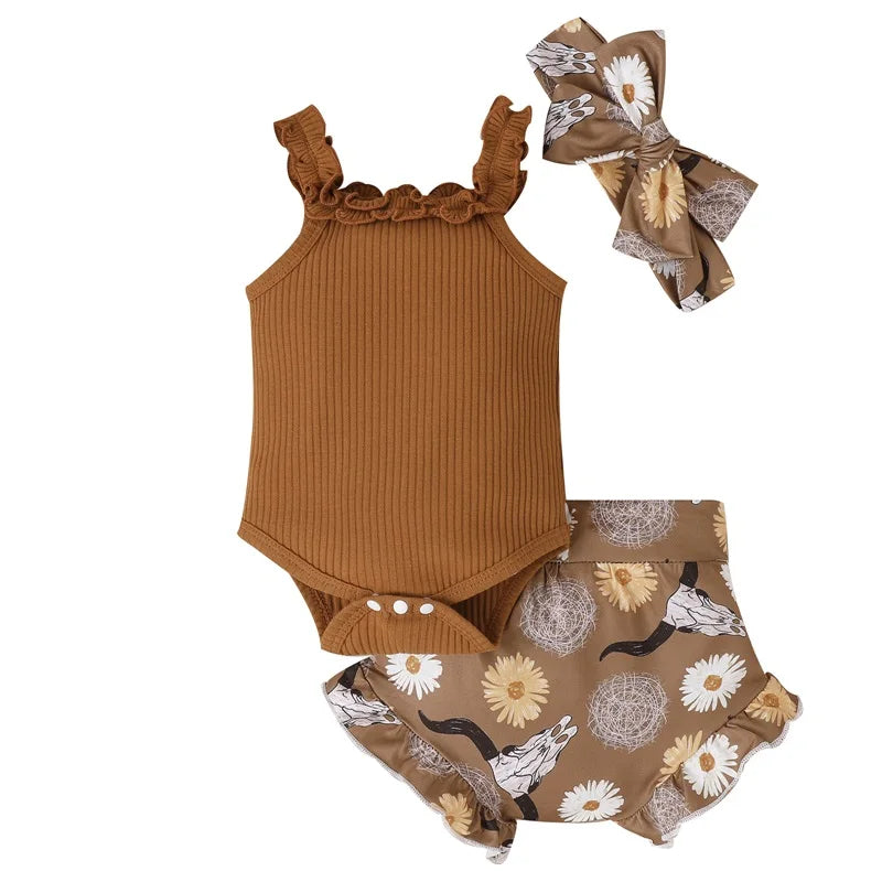Lioraitiin 0-18M Infant Baby Girl 3Pcs Off Shoulder Romper Tops Bull