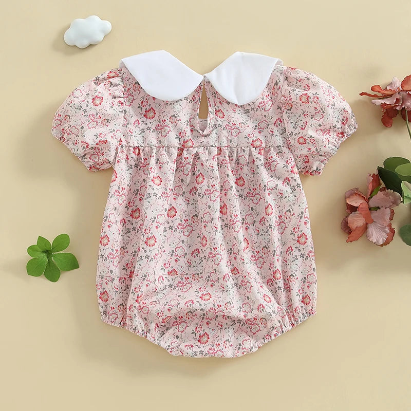 Lioraitiin Newborn Baby Girl Romper Short Sleeve Doll Collar Floral