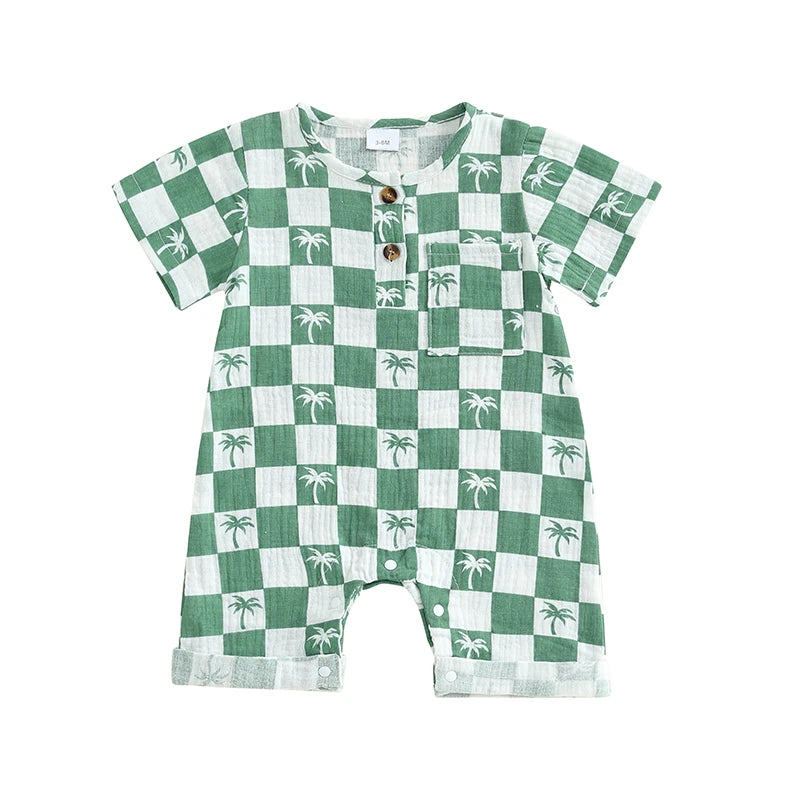 Lioraitiin Newborn Baby Boy Romper Short Sleeve Round Neck Checkered