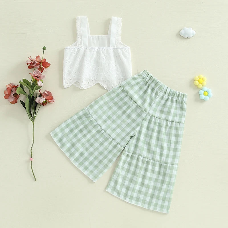 Lioraitiin Toddler Girl Eyelet Embroidery Cami Tops+Elastic Waist