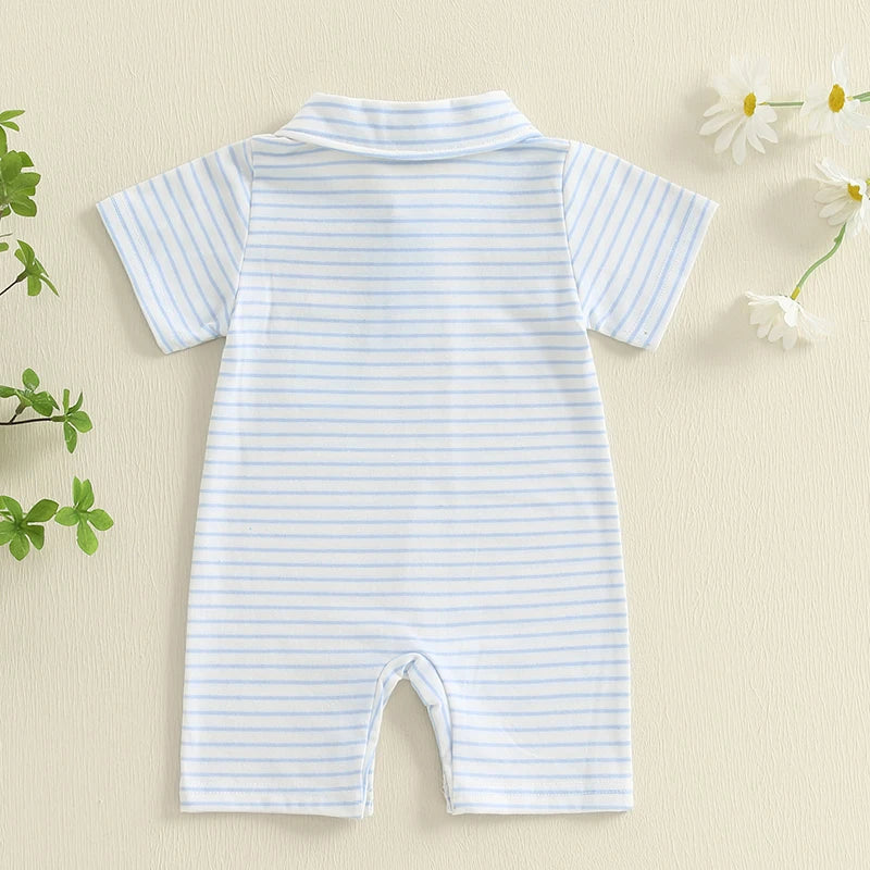 Lioraitiin Baby Boys Striped Jumpsuit Short Sleeve Turn Down Collar