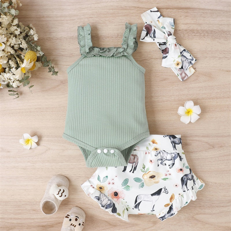 Lioraitiin 0-18M Infant Baby Girl 3Pcs Off Shoulder Romper Tops Bull