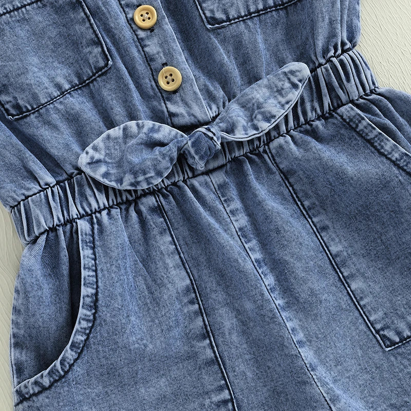 Toddler Girls Denim Overalls Shorts Short Sleeves Turn Down Collar
