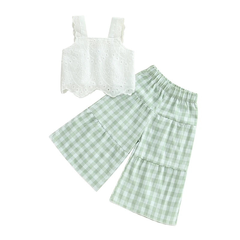 Lioraitiin Toddler Girl Eyelet Embroidery Cami Tops+Elastic Waist