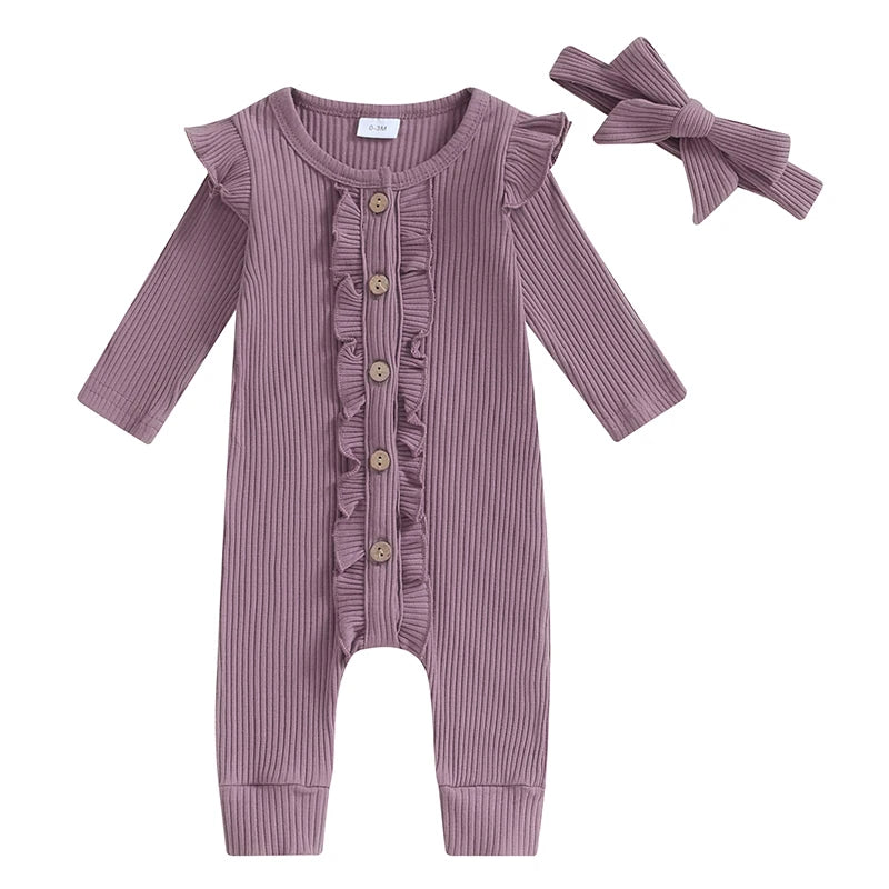 Lioraitiin Baby Girl Rompers Solid Color Buttons Frills Crew Neck