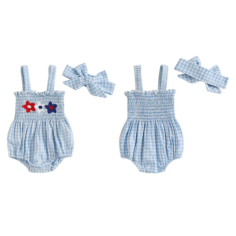 Lioraitiin Baby Girl July 4th Outfit Plaid Letter Embroidery Shirred