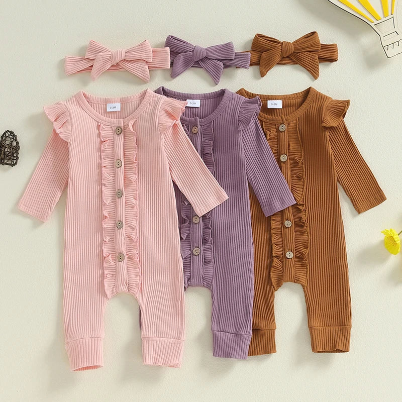 Lioraitiin Baby Girl Rompers Solid Color Buttons Frills Crew Neck
