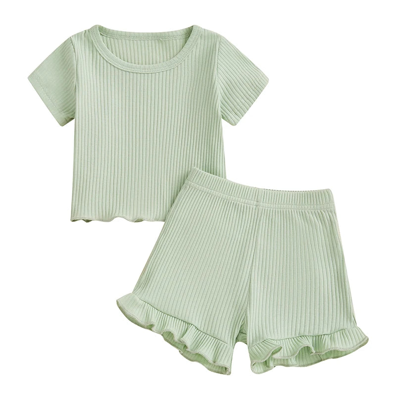 Lioraitiin Toddler Baby Girl Ribbed Outfit Solid Color Short Sleeve