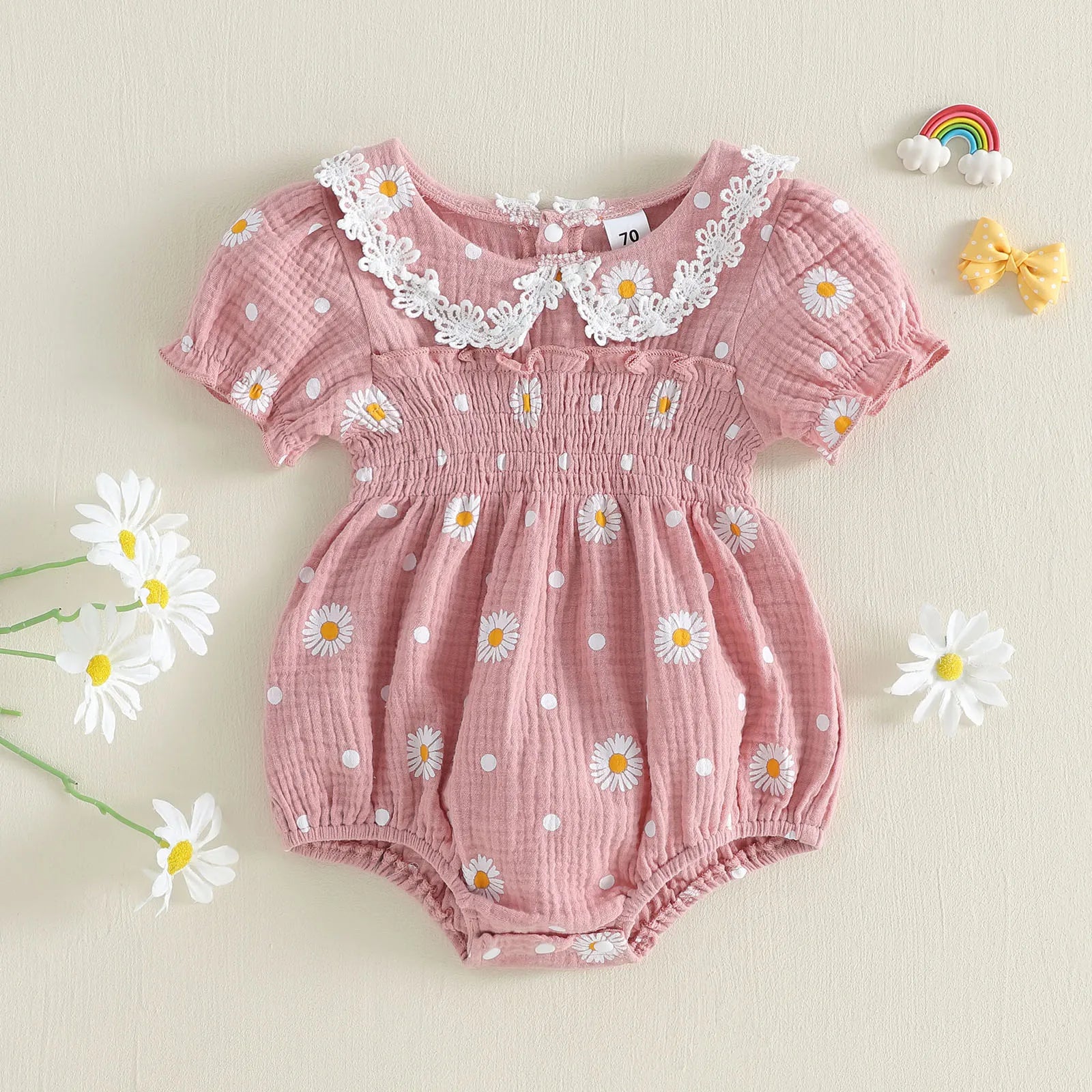 Lioraitiin Infant Baby Girl Romper Puff Short Sleeve Doll Collar