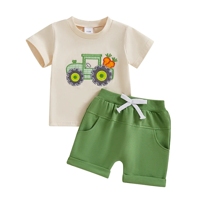 Lioraitiin Toddler Boys Easter Sets Short Sleeve O Neck Tractor