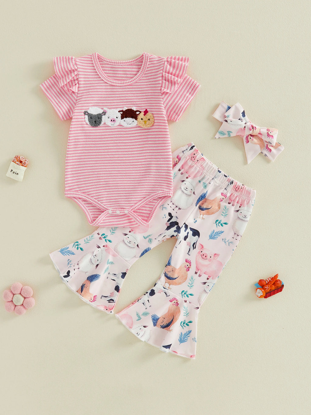 Lioraitiin Baby Girl Outfit Animal Embroidered Striped Crew Neck