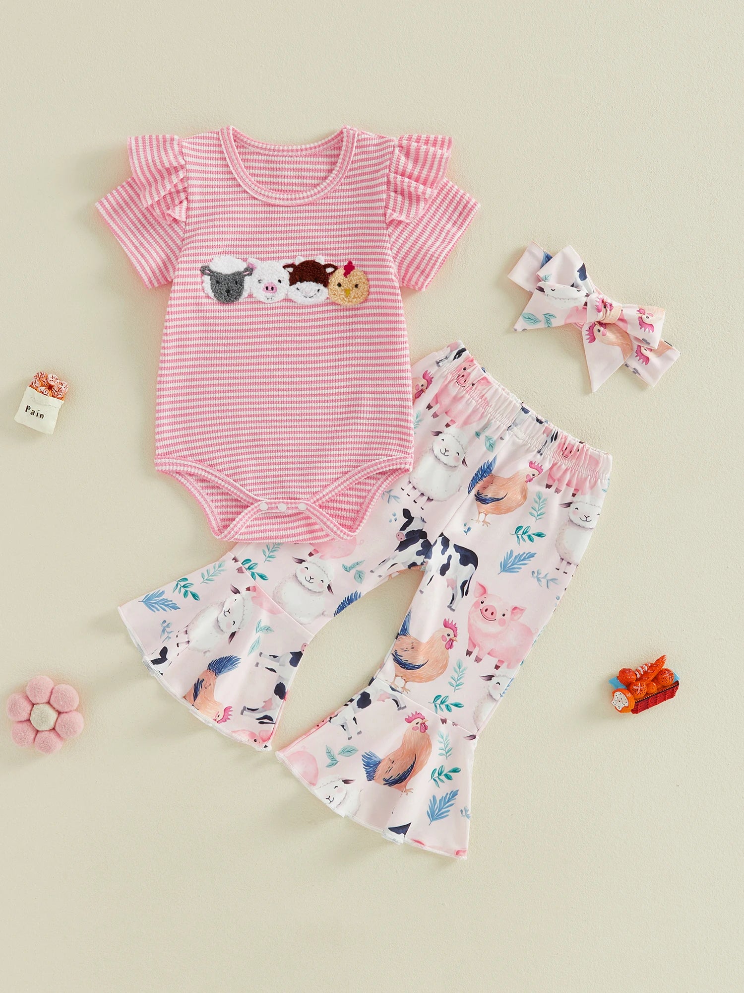 Lioraitiin Baby Girl Outfit Animal Embroidered Striped Crew Neck