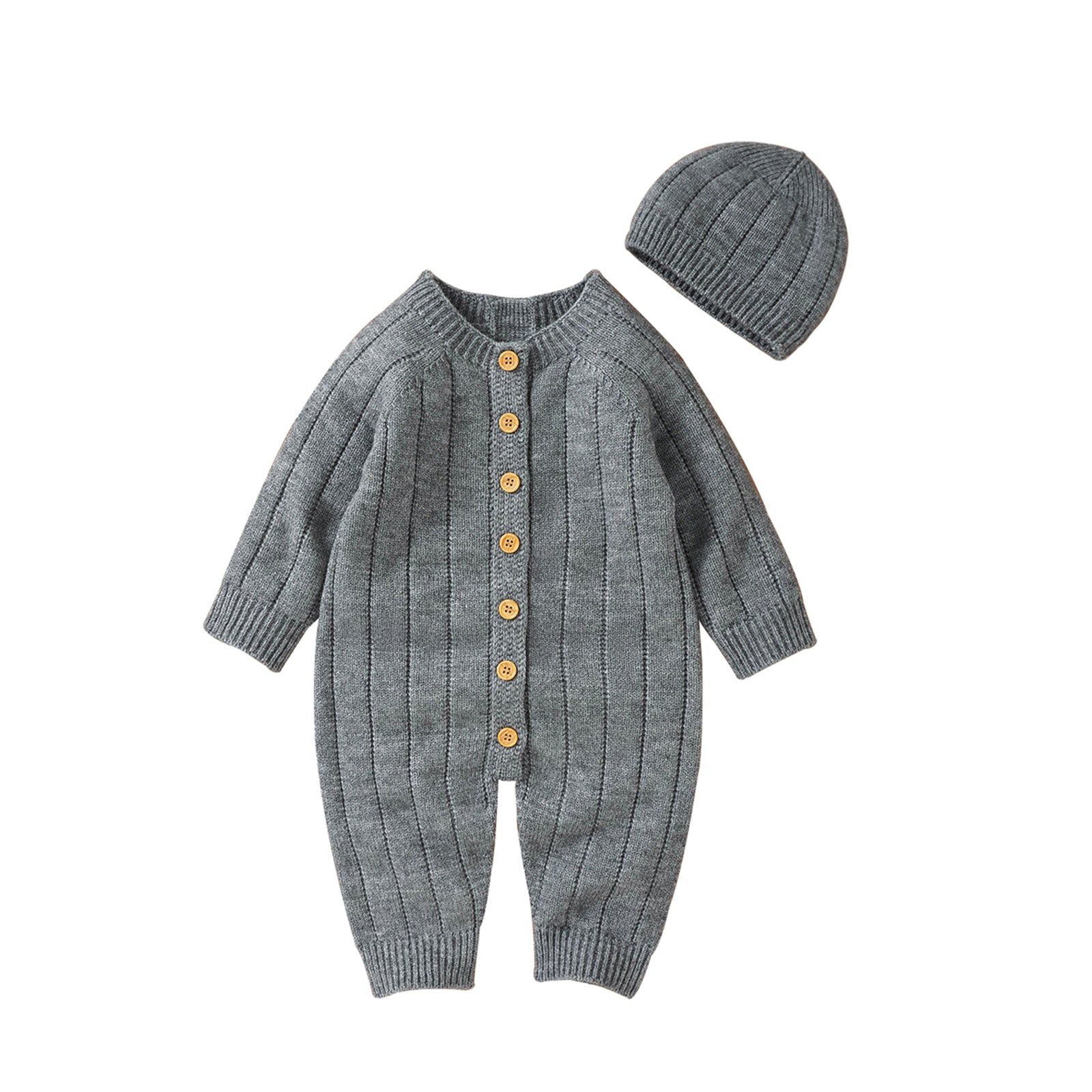 Lioraitiin Infant Jumpsuit and Cap, Solid Color Long Sleeve