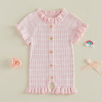 Lioraitiin Newborn Baby Girl Knit Romper Ruffle Trim Short Sleeve