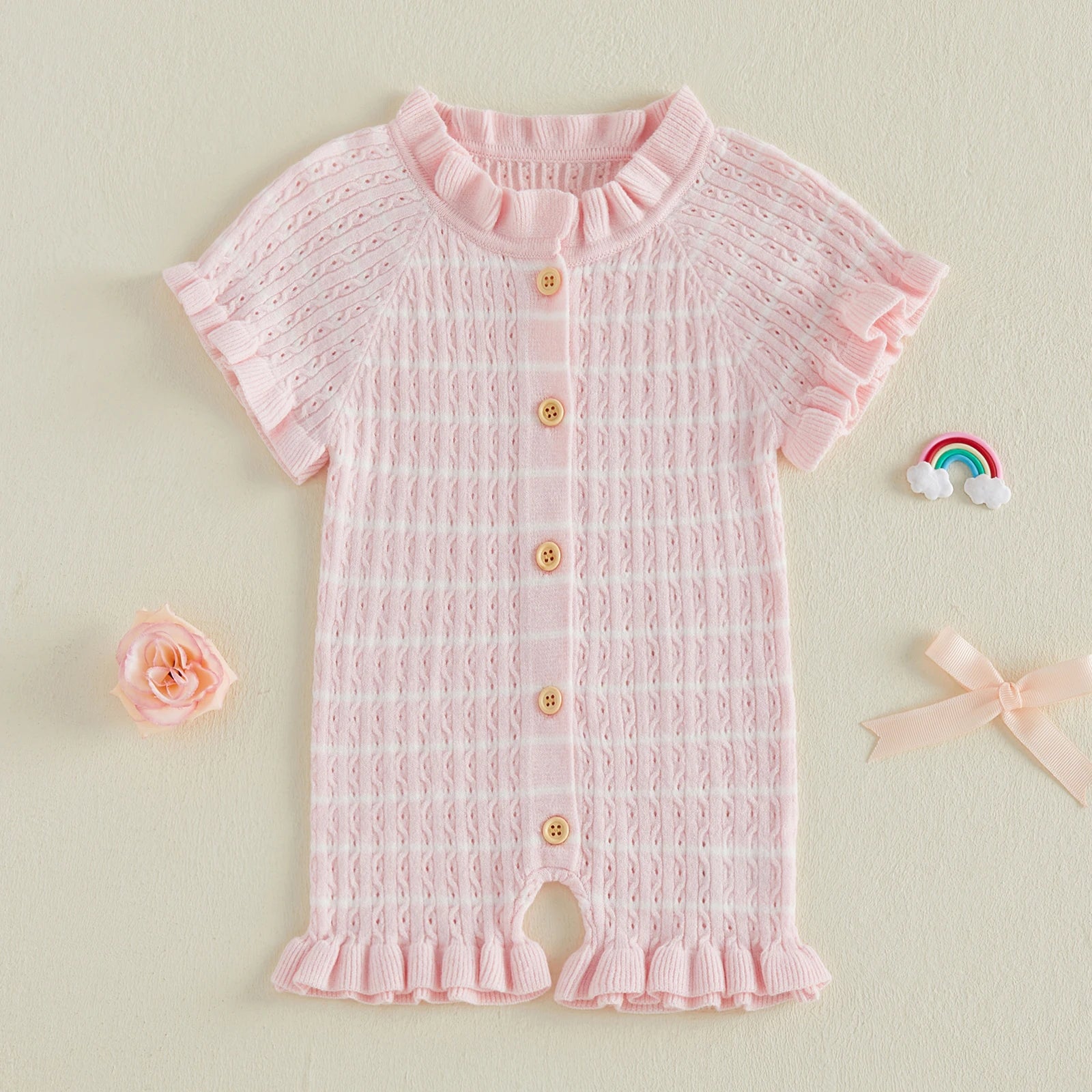 Lioraitiin Newborn Baby Girl Knit Romper Ruffle Trim Short Sleeve