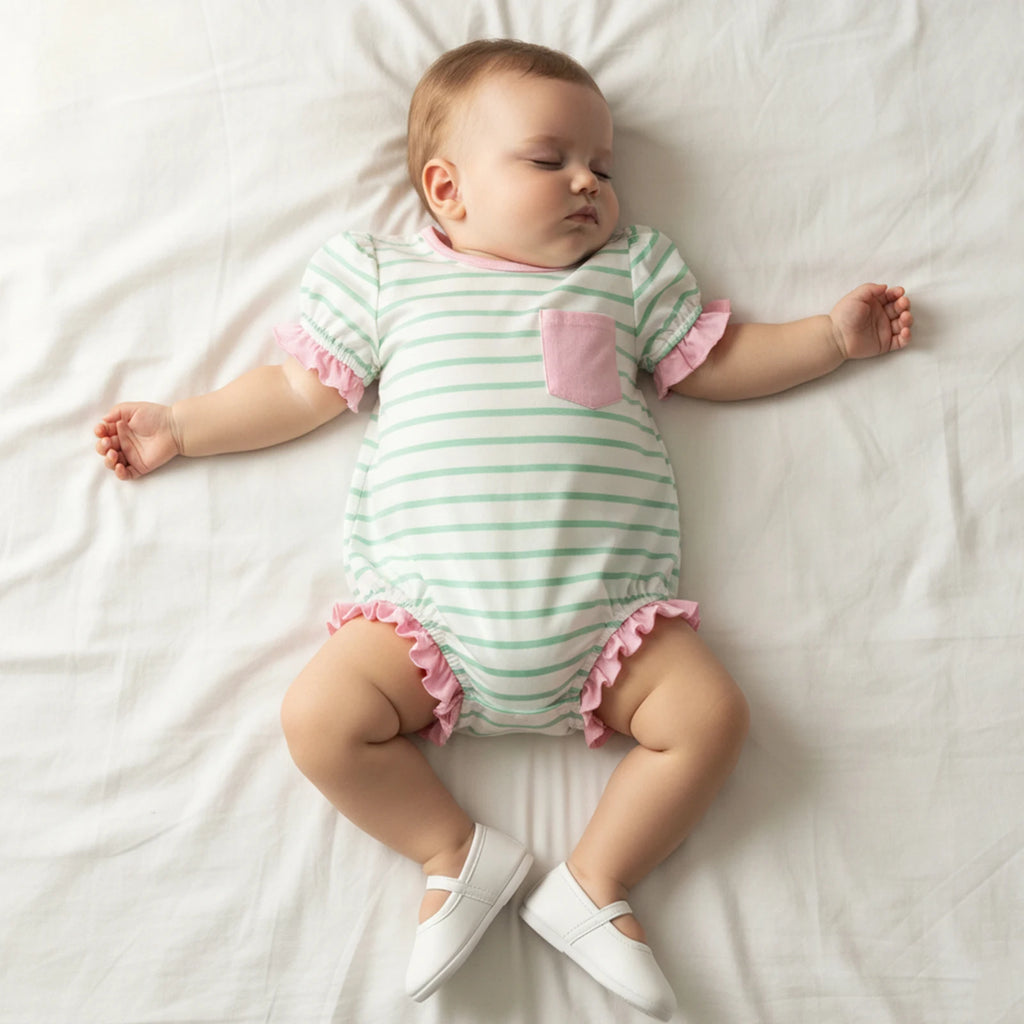 Lioraitiin Baby Girl Striped Romper Ruffle Trim Short Sleeve Crewneck