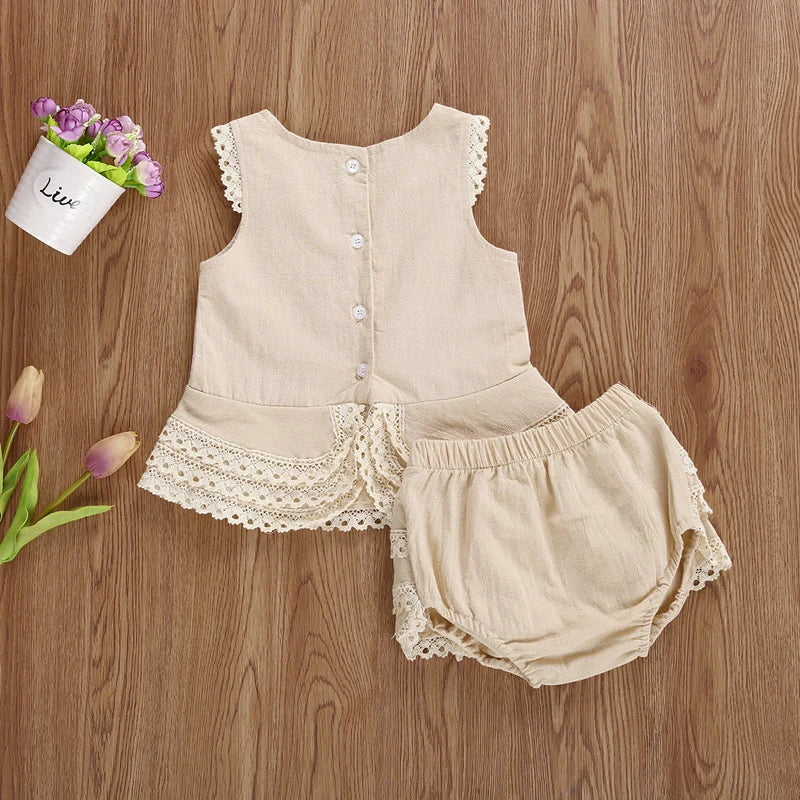 Lioraitiin 0-4Years Toddler Baby Girl Set Sleeveless Lace Pacthwork