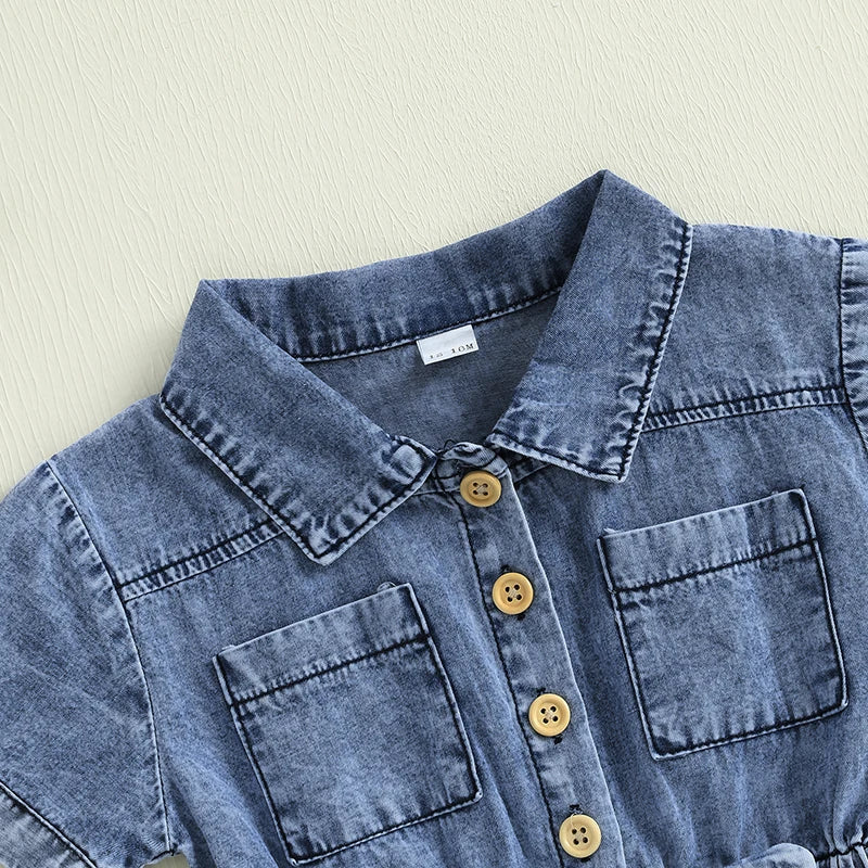 Toddler Girls Denim Overalls Shorts Short Sleeves Turn Down Collar