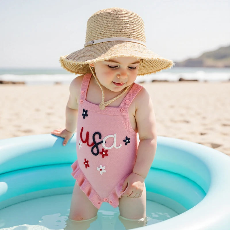 Lioraitiin Baby Girl Knit Overalls Floral Letter Embroidery
