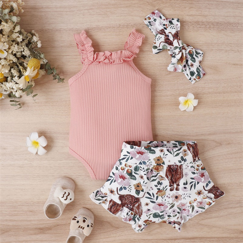 Lioraitiin 0-18M Infant Baby Girl 3Pcs Off Shoulder Romper Tops Bull