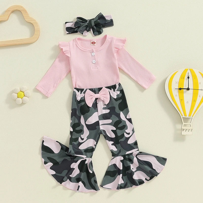 Lioraitiin Baby Girl 3 Piece Outfit, Long Sleeve Ribbed Solid Color