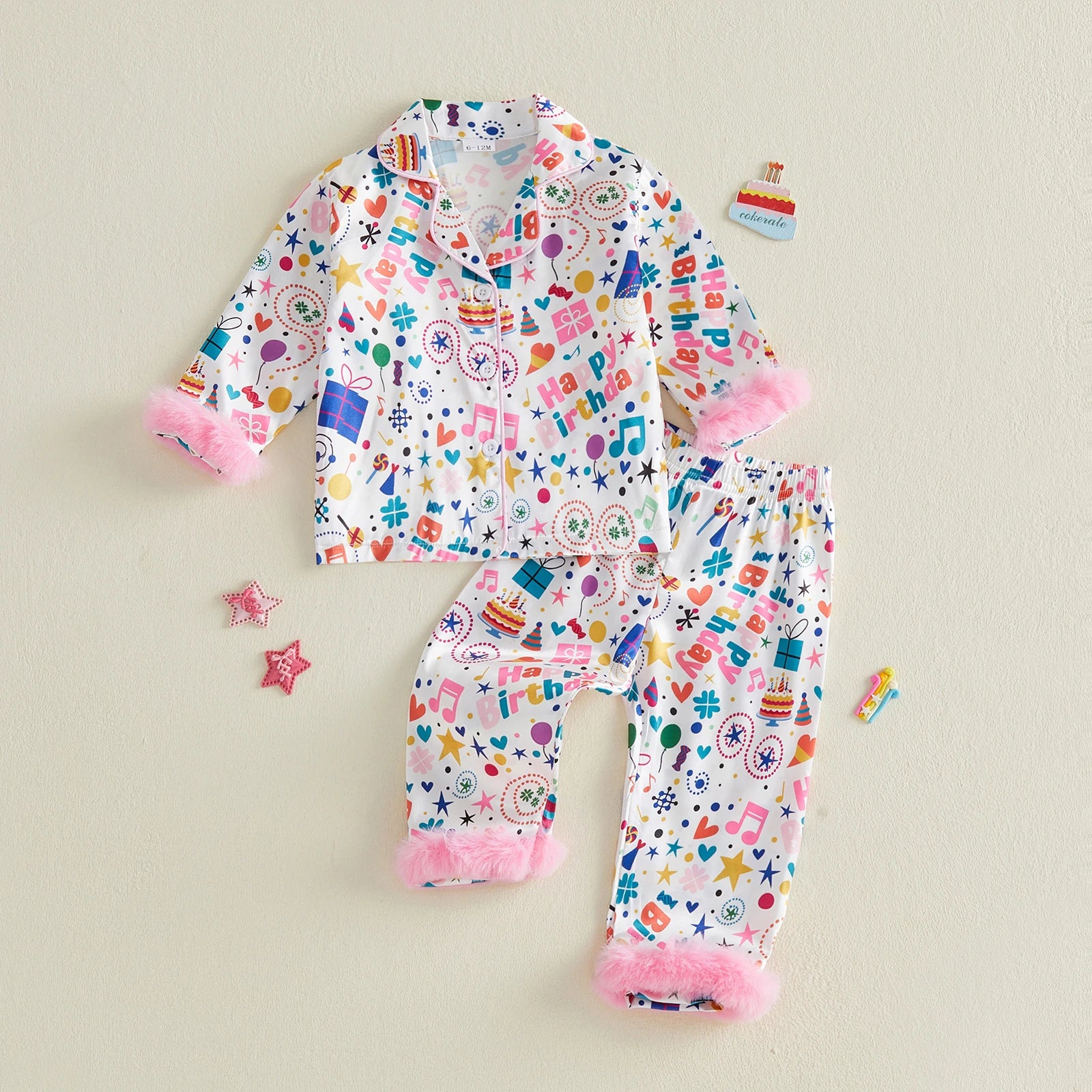 Toddler Girls Birthday Pajamas Set Long Sleeve Cartoon Print Fur
