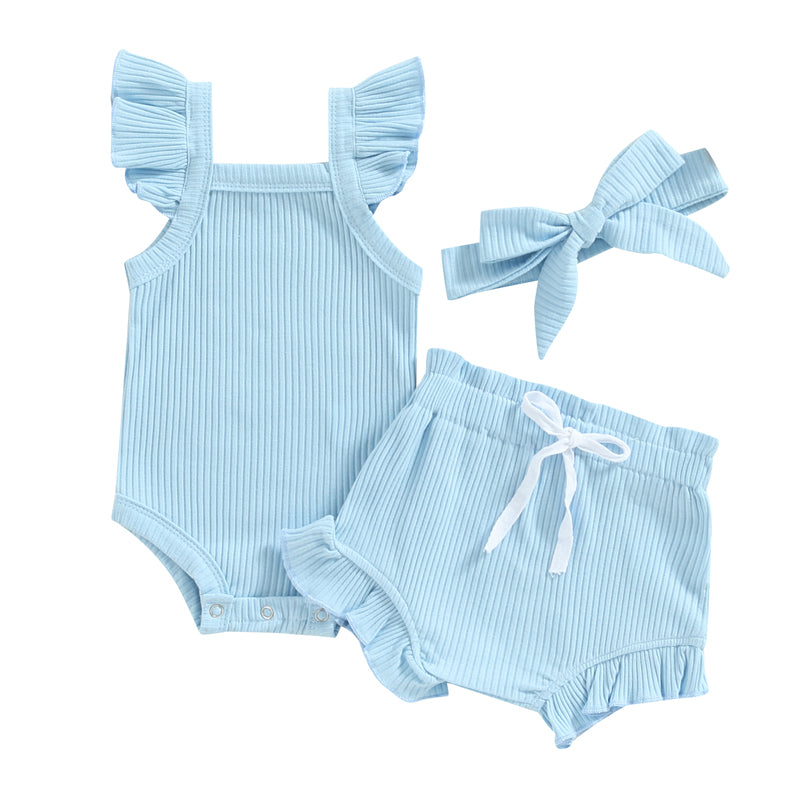 Lioraitiin 0-18M Toddler Girls 3Pcs Fly Sleeve Solid Romper Tops