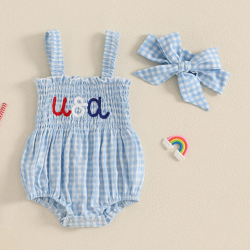 Lioraitiin Baby Girl July 4th Outfit Plaid Letter Embroidery Shirred