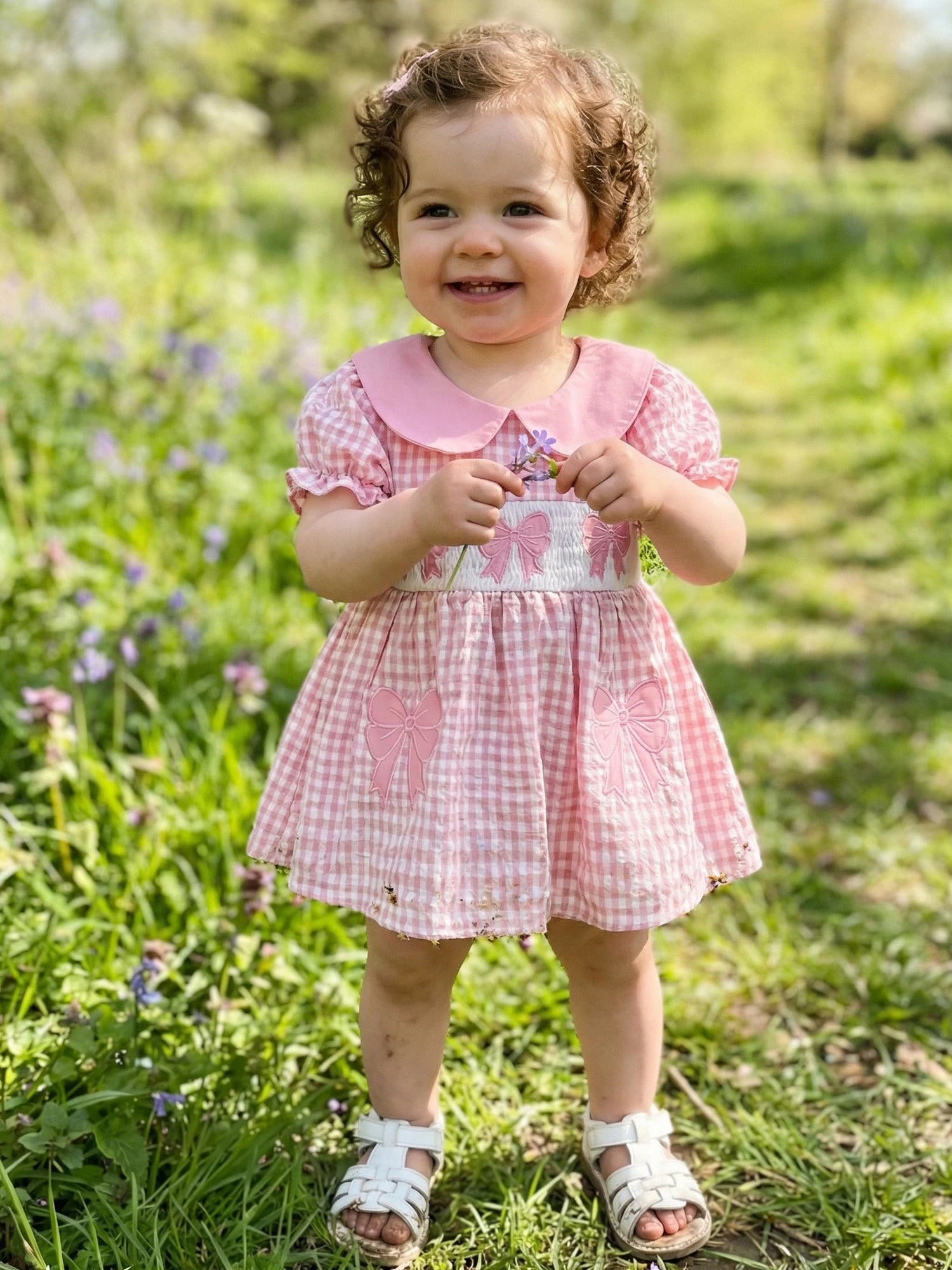 Lioraitiin Baby Girl Plaid Romper Dress Cute Bow Embroidery Smocked