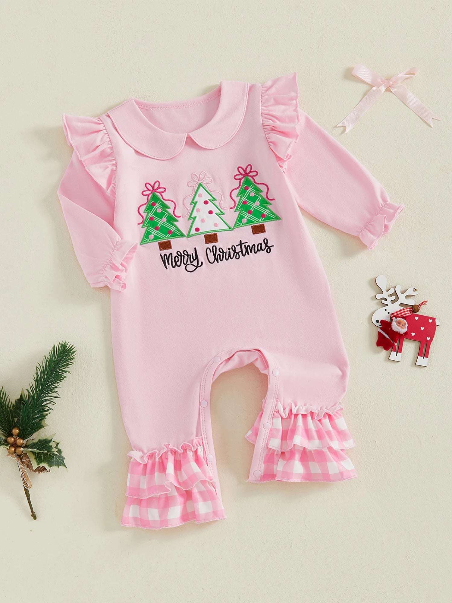 Lioraitiin Baby Girl Christmas Romper Long Sleeve Doll Collar