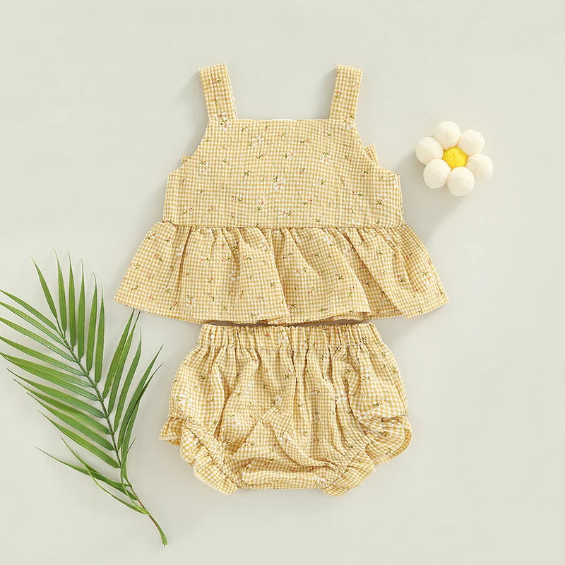 Lioraitiin Infant Baby Girl Outfits Suit Plaid Pattern Floral Printed