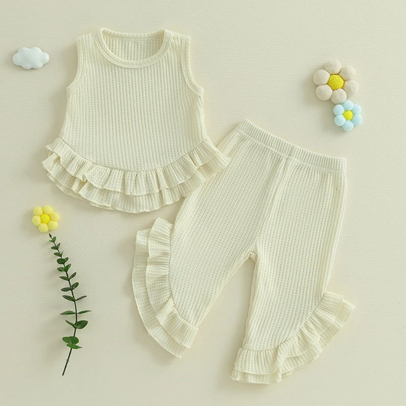 Lioraitiin Toddler Girl Outfits Solid Waffle Round Neck Ruffled Tank